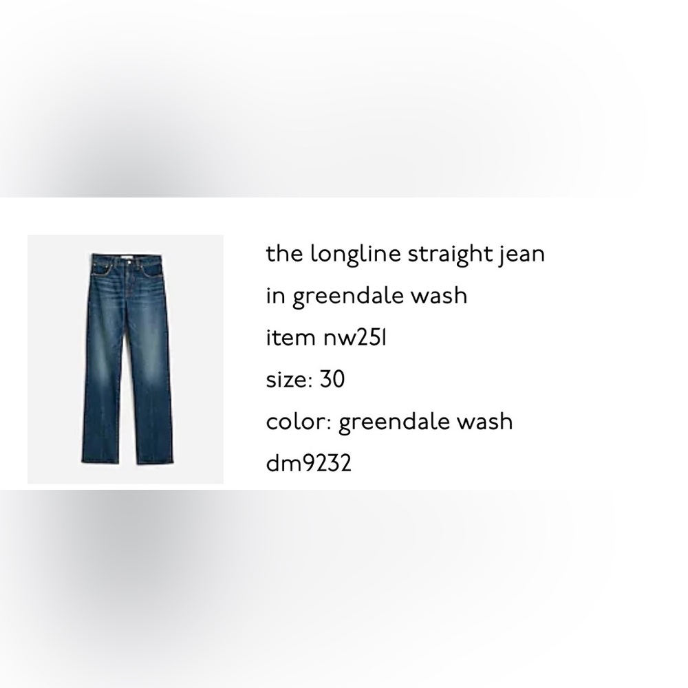 NWT Madewell Longline Straight Jeans in Greendale Wash